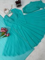 Teal Blue Color Faux Georgette Fabric Real Mirror Hand Work Anarkali Suit