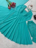 Teal Blue Color Faux Georgette Fabric Real Mirror Hand Work Anarkali Suit