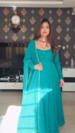 Teal Blue Color Faux Georgette Fabric Real Mirror Hand Work Anarkali Suit