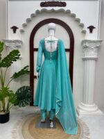 Teal Blue Color Faux Georgette Fabric Real Mirror Hand Work Anarkali Suit