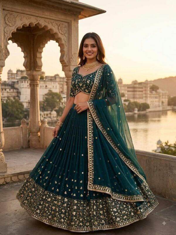 Teal Green Color Georgette Fabric Embroidery With Sequence Work Lehenga