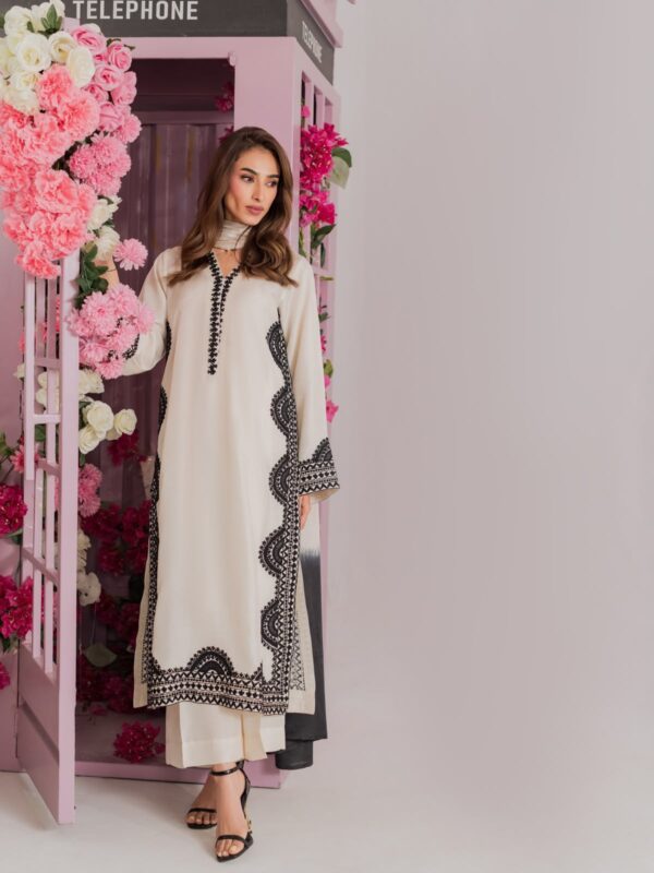 White Color Biscuit Slub Fabric Thread Work Suit