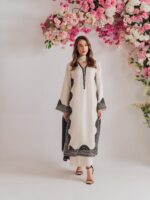 White Color Biscuit Slub Fabric Thread Work Suit