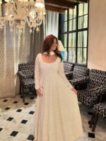 White Color Faux Blooming Fabric Sequence With Embroidery Work Gown