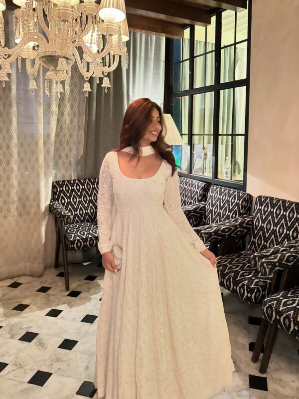 White Color Faux Blooming Fabric Sequence With Embroidery Work Gown