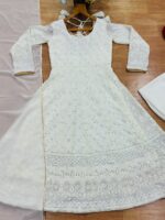 White Color Faux Blooming Fabric Sequence With Embroidery Work Gown