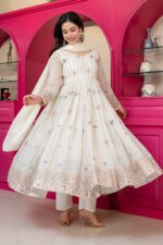 White Color Faux Blooming Fabric Sequence With Multi Jari Embroidery Work Anarkali Suit