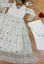 White Color Faux Blooming Fabric Sequence With Multi Jari Embroidery Work Anarkali Suit