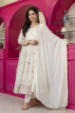 White Color Faux Blooming Fabric Sequence With Multi Jari Embroidery Work Anarkali Suit