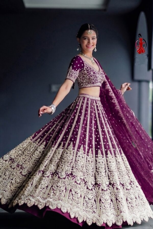 Wine Heavy Butterfly Net Beautiful Embroidery Work Bridal Lehenga