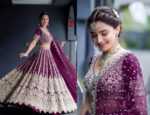 Wine Heavy Butterfly Net Beautiful Embroidery Work Bridal Lehenga