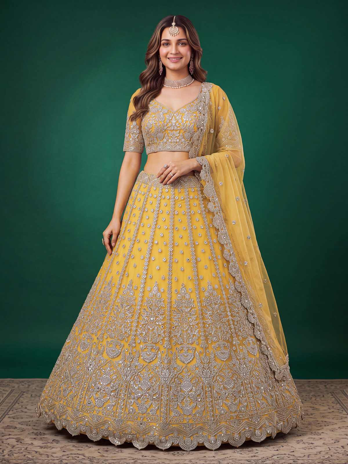 Yellow Color Soft Net Fabric Multiple Sequence Embroidery Work Bridal Lehenga