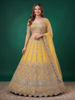 Yellow Color Soft Net Fabric Multiple Sequence Embroidery Work Bridal Lehenga