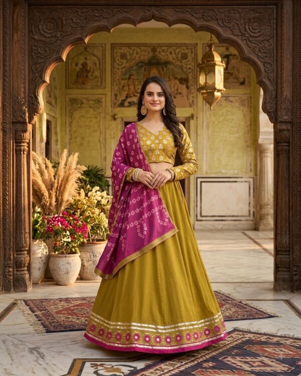 Yellow Color Vichitra Silk Fabric Jari With Real Mirror Work Lehenga