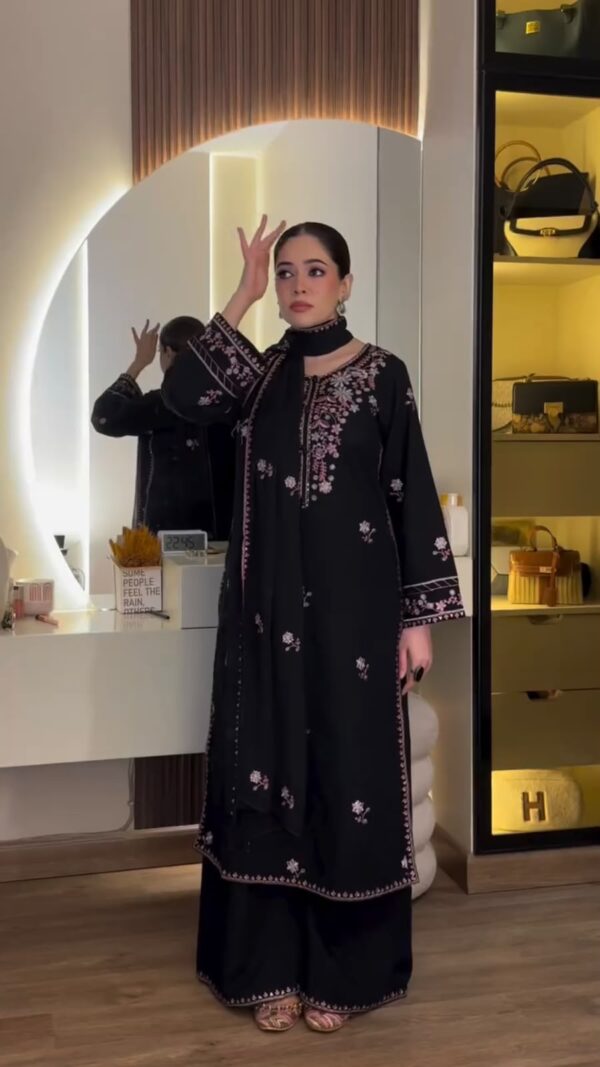 Black Color Rayon Satin Fabric Sequence With Thread Work Palazzo Suit