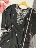 Black Color Rayon Satin Fabric Sequence With Thread Work Palazzo Suit