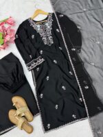 Black Color Rayon Satin Fabric Sequence With Thread Work Palazzo Suit