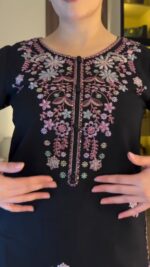 Black Color Rayon Satin Fabric Sequence With Thread Work Palazzo Suit