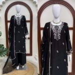 Black Color Rayon Satin Fabric Sequence With Thread Work Palazzo Suit