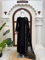 Black Color Rayon Satin Fabric Sequence With Thread Work Palazzo Suit