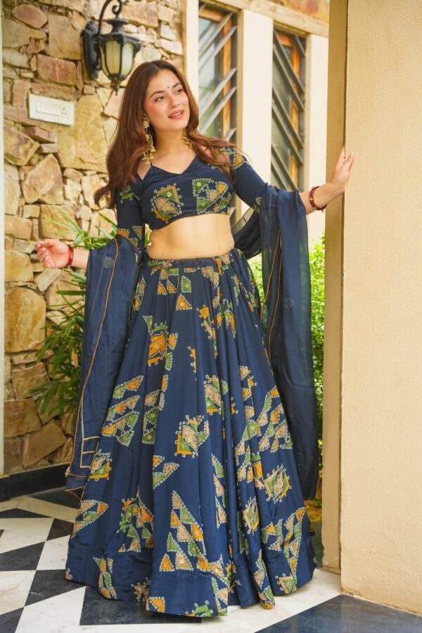 Blue Color Chinon Silk Fabric Digital Print Work Lehenga