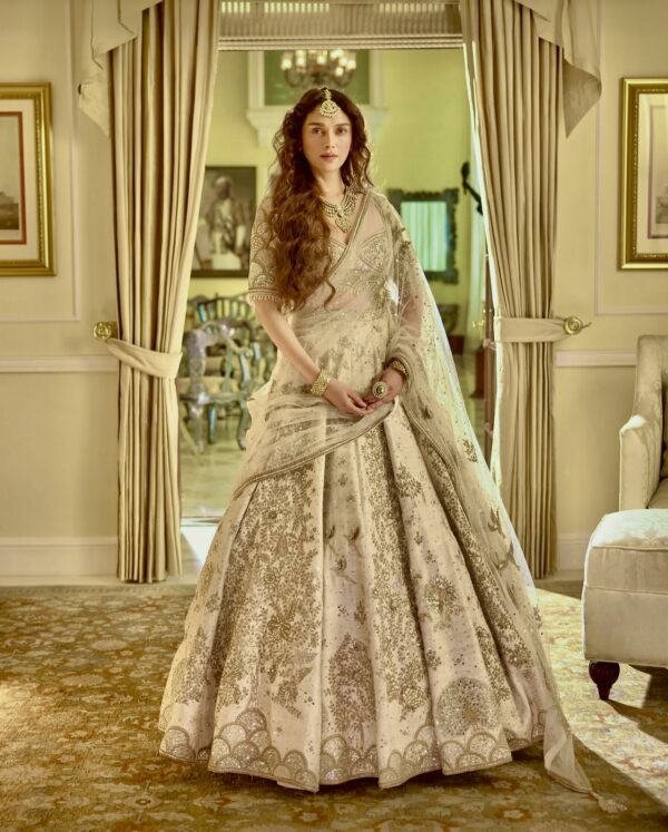 Bollywood Actress Aditi Rao Cream Color Slub Silk Fabric Jari With Sequence Work Lehenga