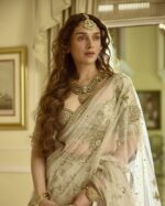Bollywood Actress Aditi Rao Cream Color Slub Silk Fabric Jari With Sequence Work Lehenga
