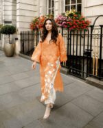 Bollywood Actress Mahira Khan Orange Color Organza Fabric Digital Print Work Suit