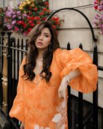 Bollywood Actress Mahira Khan Orange Color Organza Fabric Digital Print Work Suit