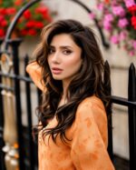 Bollywood Actress Mahira Khan Orange Color Organza Fabric Digital Print Work Suit