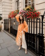 Bollywood Actress Mahira Khan Orange Color Organza Fabric Digital Print Work Suit