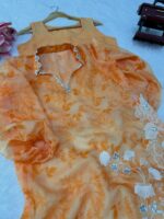Bollywood Actress Mahira Khan Orange Color Organza Fabric Digital Print Work Suit