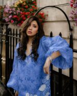 Bollywood Actress Mahira Khan Purple Color Organza Fabric Digital Print Work Suit