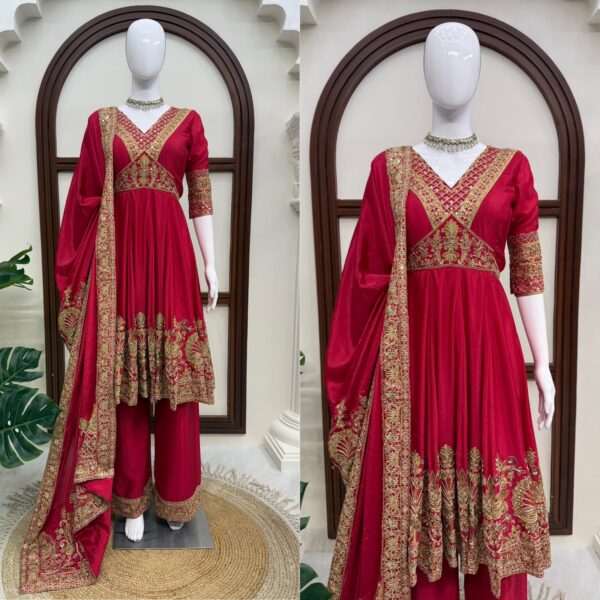 Dark Pink Color Chinon Fabric Sequence With Coding Work Anarkali Palazzo Suit
