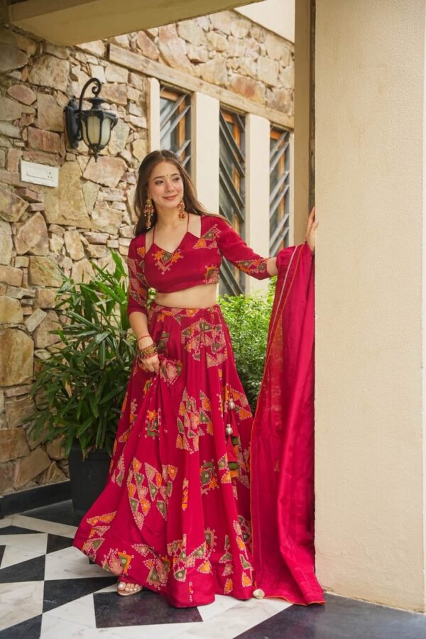 Gajri Color Chinon Silk Fabric Digital Print Work Lehenga