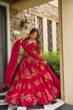 Gajri Color Chinon Silk Fabric Digital Print Work Lehenga