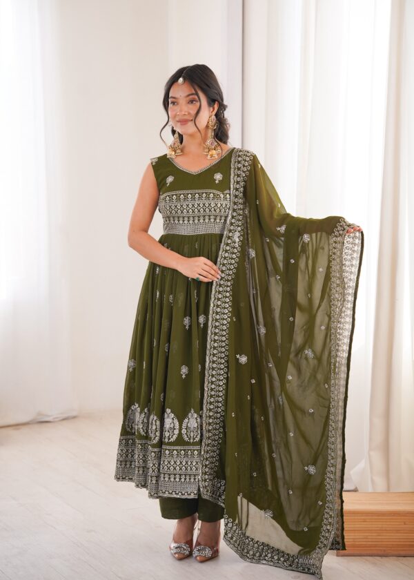 Green Color Faux Georgette Fabric Embroidery With Sequence Work Anarkali Suit