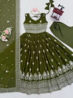 Green Color Faux Georgette Fabric Embroidery With Sequence Work Anarkali Suit
