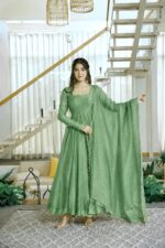 Green Color Salsa Silk Fabric Foil Work Gown