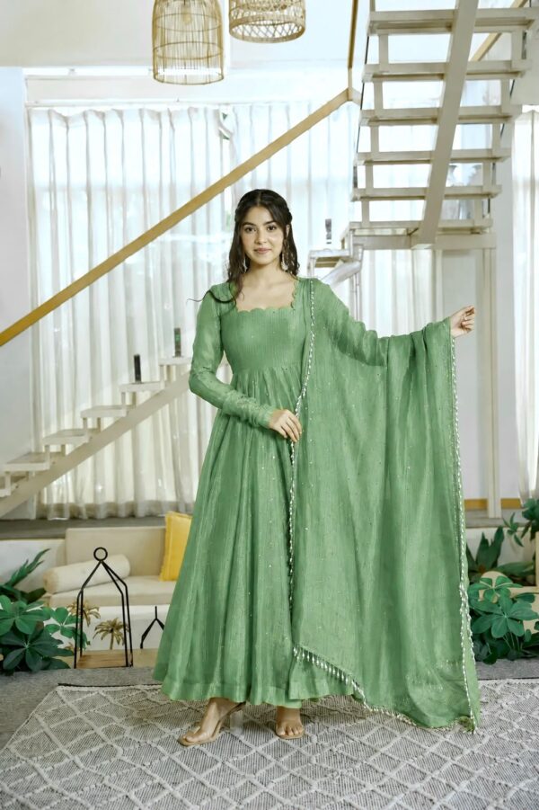 Green Color Salsa Silk Fabric Foil Work Gown