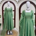Green Color Salsa Silk Fabric Foil Work Gown