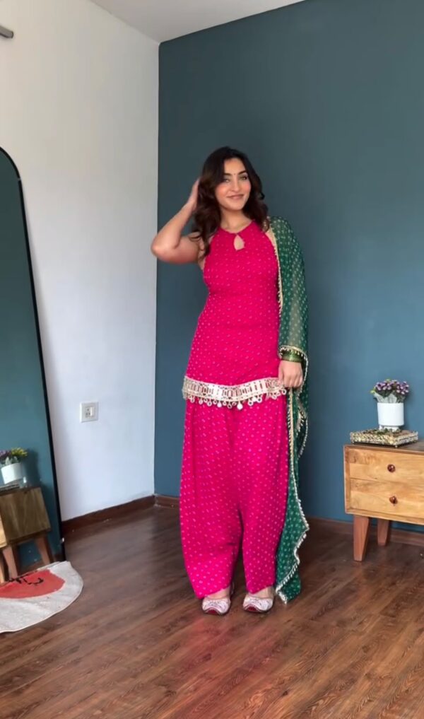 Hot Pink Color Faux Georgette Fabric Real Mirror Work Farshi Style Suit