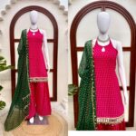 Hot Pink Color Faux Georgette Fabric Real Mirror Work Farshi Style Suit