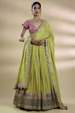 Lime Green Color Gaji Silk Fabric Thread With Sequence Work Lehenga