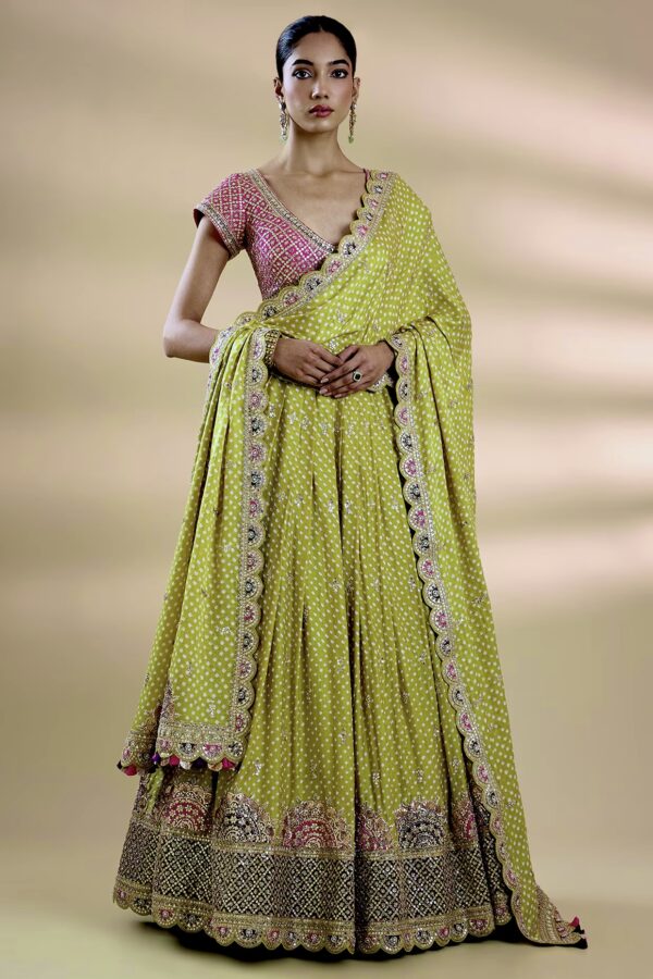 Lime Green Color Gaji Silk Fabric Thread With Sequence Work Lehenga