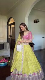 Lime Green Color Gaji Silk Fabric Thread With Sequence Work Lehenga