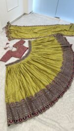 Lime Green Color Gaji Silk Fabric Thread With Sequence Work Lehenga
