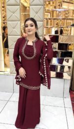 Maroon Color Faux Georgette Fabric Real Mirror With Hand Work Palazzo Suit