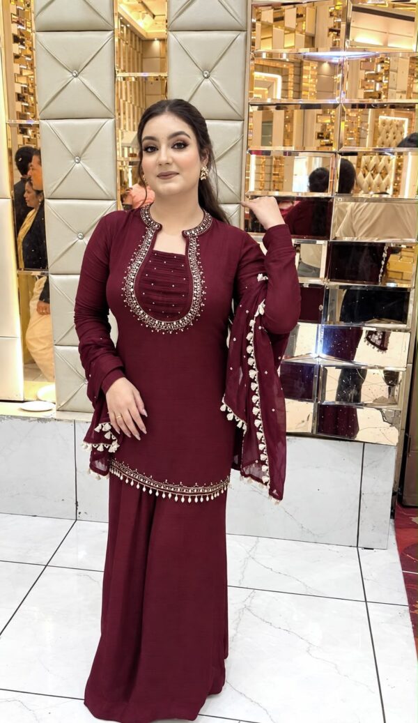 Maroon Color Faux Georgette Fabric Real Mirror With Hand Work Palazzo Suit