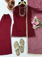 Maroon Color Faux Georgette Fabric Real Mirror With Hand Work Palazzo Suit